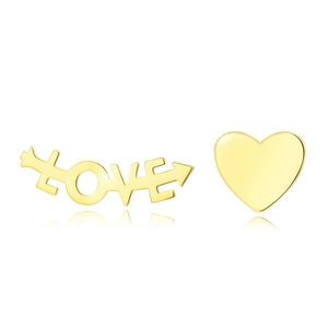 Puzetové náušnice ze žlutého zlata 585 - srdce a nápis "LOVE" obraz