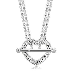 Dvojitý náhrdelník ze stříbra 925 - strukturovaný obrys srdce, hladká činka, tenké řetízky obraz
