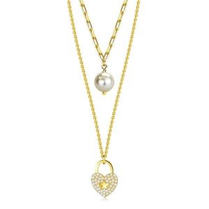 Stříbrný náhrdelník 925 - zlatá barva, bílá syntetická perla, řetízek ve tvaru srdce, čiré zirkony obraz