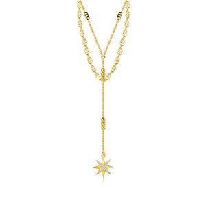 Dvojitý stříbrný náhrdelník 925 - zlatá barva, hvězda ze zirkonů, zploštělé ovály, nastavitelný obraz