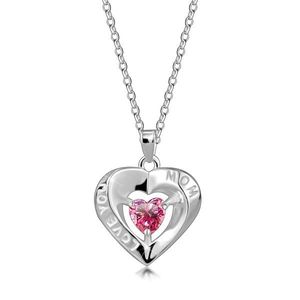 Stříbrný náhrdelník 925 - obrys srdce, růžový srdíčkový zirkon, nápis "LOVE YOU MOM" obraz