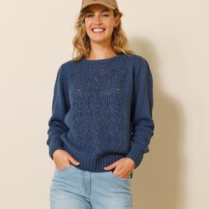 Blancheporte Ažurový pulovr s nabíranými rukávy nám.modrá 54 obraz