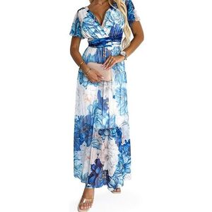 Květované modré šaty s výstřihem a krátkými rukávy cinzia obraz