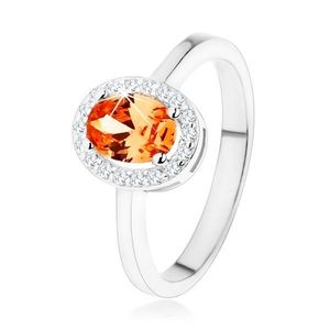 Stříbrný prsten 925, oranžový oválný zirkon, čirý blyštivý lem - Velikost: 48 obraz