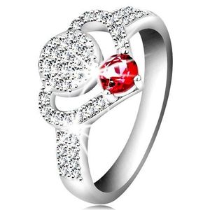 Stříbrný 925 prsten, čirý zirkonový obrys srdce, kruh a blýskavý růžový zirkon - Velikost: 55 obraz