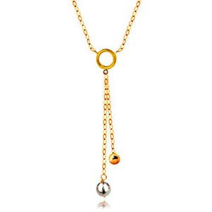 Zlatý 14K náhrdelník - bílá perla a lesklá kulička na řetízcích, plochý kroužek obraz