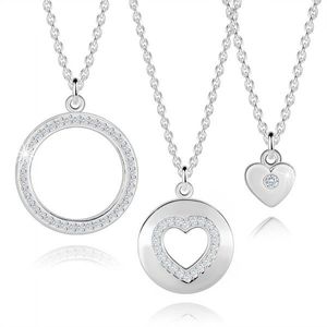 Sada tří stříbrných náhrdelníků 925 - srdce, prsten, kulaté zirkony obraz