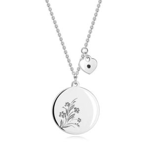 Stříbrný náhrdelník 925 - černý diamant, srdce, kruh s květinami obraz