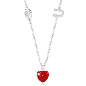 Stříbrný 925 náhrdelník - ochranné oko, červené srdce, písmeno "U", čiré zirkony obraz