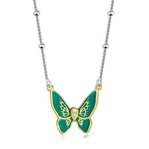 Stříbrný 925 náhrdelník - motýl se zelenými křídly, tělo se zirkony, hladké korálky obraz