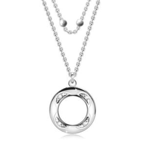 Stříbrný náhrdelník 925 - dvojitý řetízek, brilianty, kolečko s výřezem, kuličky obraz