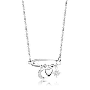 Stříbrný 925 náhrdelník - zavírací špendlík , půlměsíc, hladké srdce, hvězda, zirkony obraz