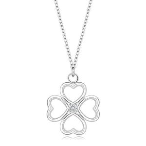 Stříbrný náhrdelník 925 - srdcový čtyřlístek s čirým diamantem obraz