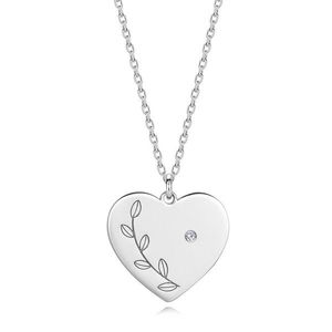 Stříbrný náhrdelník 925 - briliant, ploché srdce, gravírované listy obraz