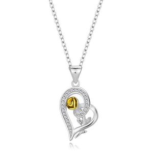Stříbrný 925 náhrdelník - kontura srdce se zirkony, růže s hlavičkou ve zlaté barvě obraz
