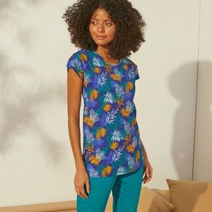 Blancheporte Pyžamové tričko s krátkými rukávy, s potiskem tropického vzoru modrá/šafránová 46/48 obraz