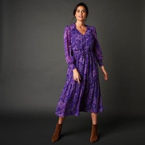 Blancheporte Dlouhé volánové šaty s minimalistickým vzorem fialová/režná 52 obraz