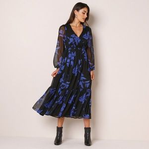 Blancheporte Dlouhé volánové šaty s potiskem černá/modrá 52 obraz