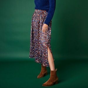 Blancheporte Dlouhá saténová sukně s potiskem karamelová/modrá 54 obraz