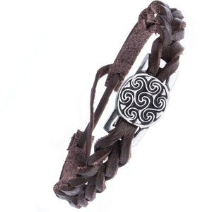Hnědý kožený náramek pletený - známka, keltský motiv slunce obraz