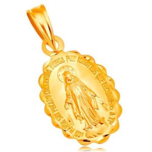 Přívěsek ze žlutého 18K zlata - oválný medailon Panny Marie, oboustranný obraz