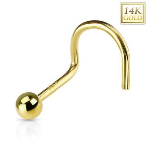 Zahnutý zlatý 14K piercing do nosu - lesklá hladká kulička, žluté zlato - Tloušťka piercingu: 1 mm obraz
