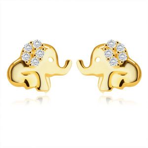 Náušnice ve žlutém 14K zlatě - sedící slon s chobotem, ucho ozdobené kulatými zirkony obraz
