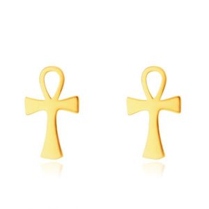 Zlaté 14K náušnice - Anch, vzor nilského kříže, puzetové zapínání obraz