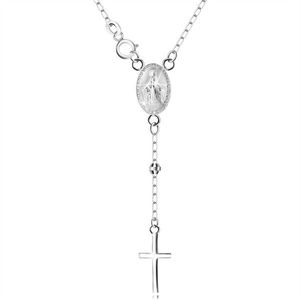 Stříbrný 925 náhrdelník - medailon s Pannou Marií a křížem, řetízek s korálky obraz