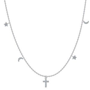 Náhrdelník z 925 stříbra - křížek, hvězdy a měsíčky, čiré zirkony obraz