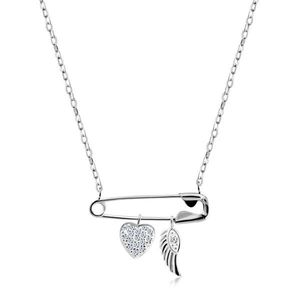 Stříbrný 925 náhrdelník - spínací špendlík s přívěsky, srdíčko se zirkony, andělské křídlo obraz
