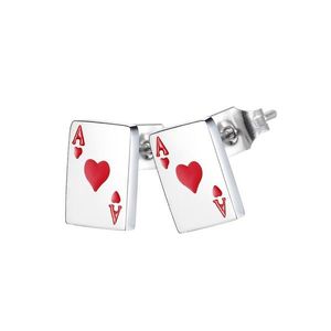 Puzetové náušnice z oceli 316L - motiv hracích karet, srdcové eso s červenou glazurou obraz