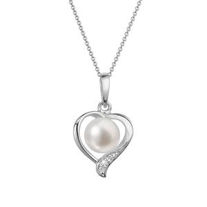 Evolution Group Zlatý 14 karátový náhrdelník srdce bílé zlato s bílou říční perlou a brilianty 82PB00049 obraz
