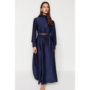 Trendyol Navy Blue Collar and Cuff Drape Detailed Belted Woven Evening Dress obraz