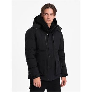 Černá pánská prošívaná zimní bunda s kapucí Ombre Clothing obraz