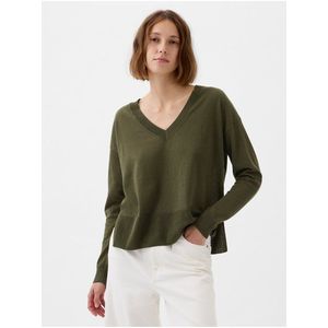 Ženy - Lněný svetr s rozparky Zelená obraz