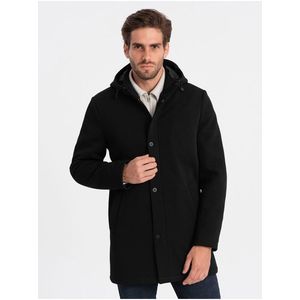 Černý pánský zateplený kabát s kapucí a skrytým zipem Ombre Clothing obraz