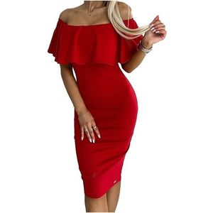 červené midi přiléhavé šaty s volánem marbella obraz