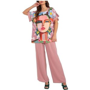 Růžový komplet širokých kalhot a volného trička s potiskem obraz