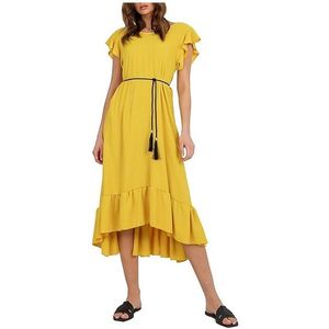 Tmavě žluté volné midi šaty s volánky obraz