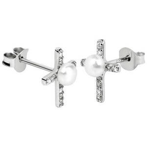 JwL Luxury Pearls Stříbrné náušnice Křížek s pravou perlou a zirkony JL0368 obraz