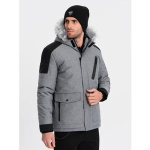 Pánská dlouhá zimní bunda s odnímatelnou kožešinou V1 OM-JAHP-0144 šedá a černá obraz