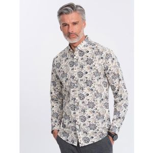 Pánska košeľa s kvetinovým vzorom SLIM FIT béžovo-sivá obraz