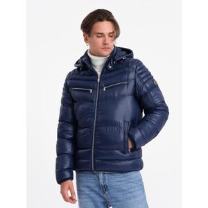 Pánská zimní prošívaná bunda s ozdobnými zipy V2 OM-JAHP-22FW-010 tmavě modrá obraz