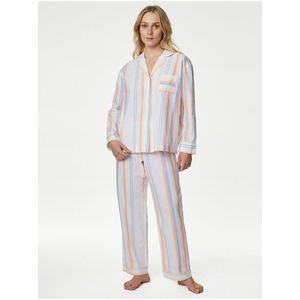 Krémová dámská Pruhovaná pyžamová souprava z čisté bavlny Marks & Spencer obraz