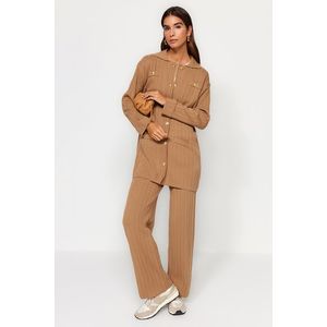 Trendyol Brown Ribbed Cardigan-Pants Knitwear Two Piece Set obraz
