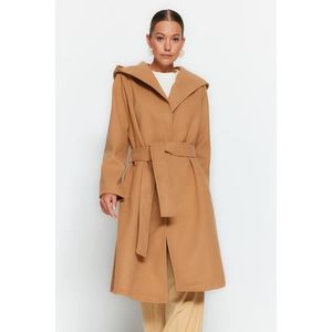 Trendyol Camel Oversize širokoúhlý kabát s kapucí standardní velikosti, přepásaný dlouhý stamped coat obraz