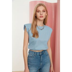 Trendyol Blue 100% Cotton Padded Crop Crew Neck Knitted T-Shirt obraz