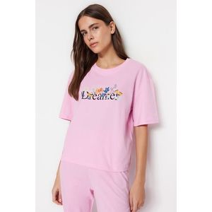 Trendyol Light Pink 100% Cotton Motto Printed T-shirt-Pants Knitted Pajamas Set obraz