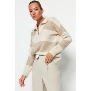 Trendyol béžový měkký texturovaný pletený svetr s vysokým výstřihem na zip obraz